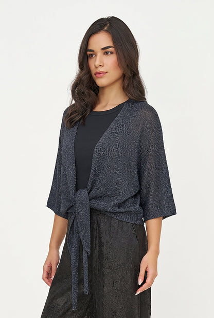 Women's Lurex Open Knit Cardigan, 3/4 Sleeves & Self-Tie Front
