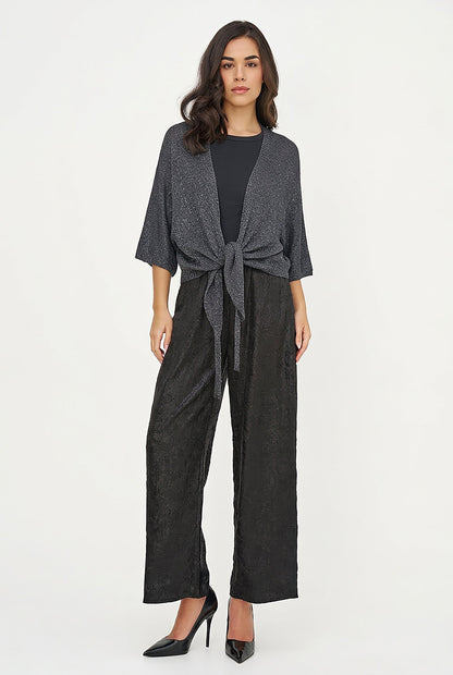 Women's Lurex Open Knit Cardigan, 3/4 Sleeves & Self-Tie Front