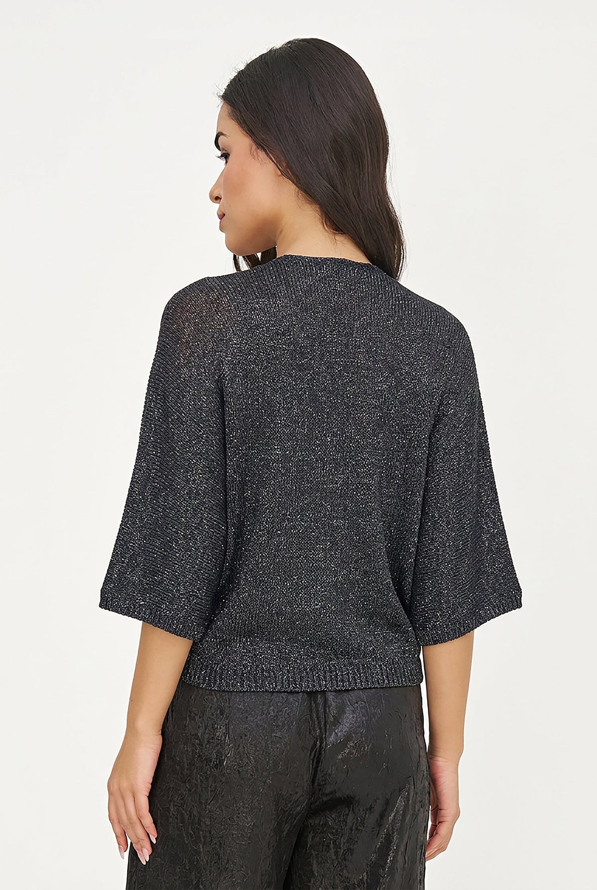 Women's Lurex Open Knit Cardigan, 3/4 Sleeves & Self-Tie Front