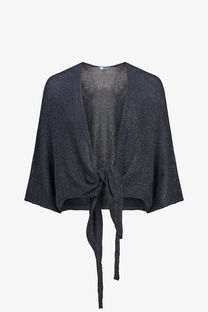 Women's Lurex Open Knit Cardigan, 3/4 Sleeves & Self-Tie Front