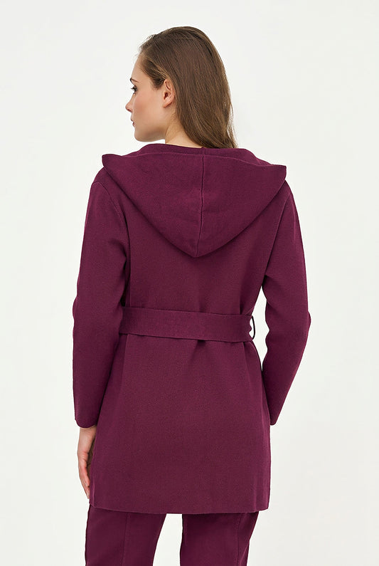 Women's Hooded Cardigan, Long Sleeves, Patch Pockets & Removable Belt