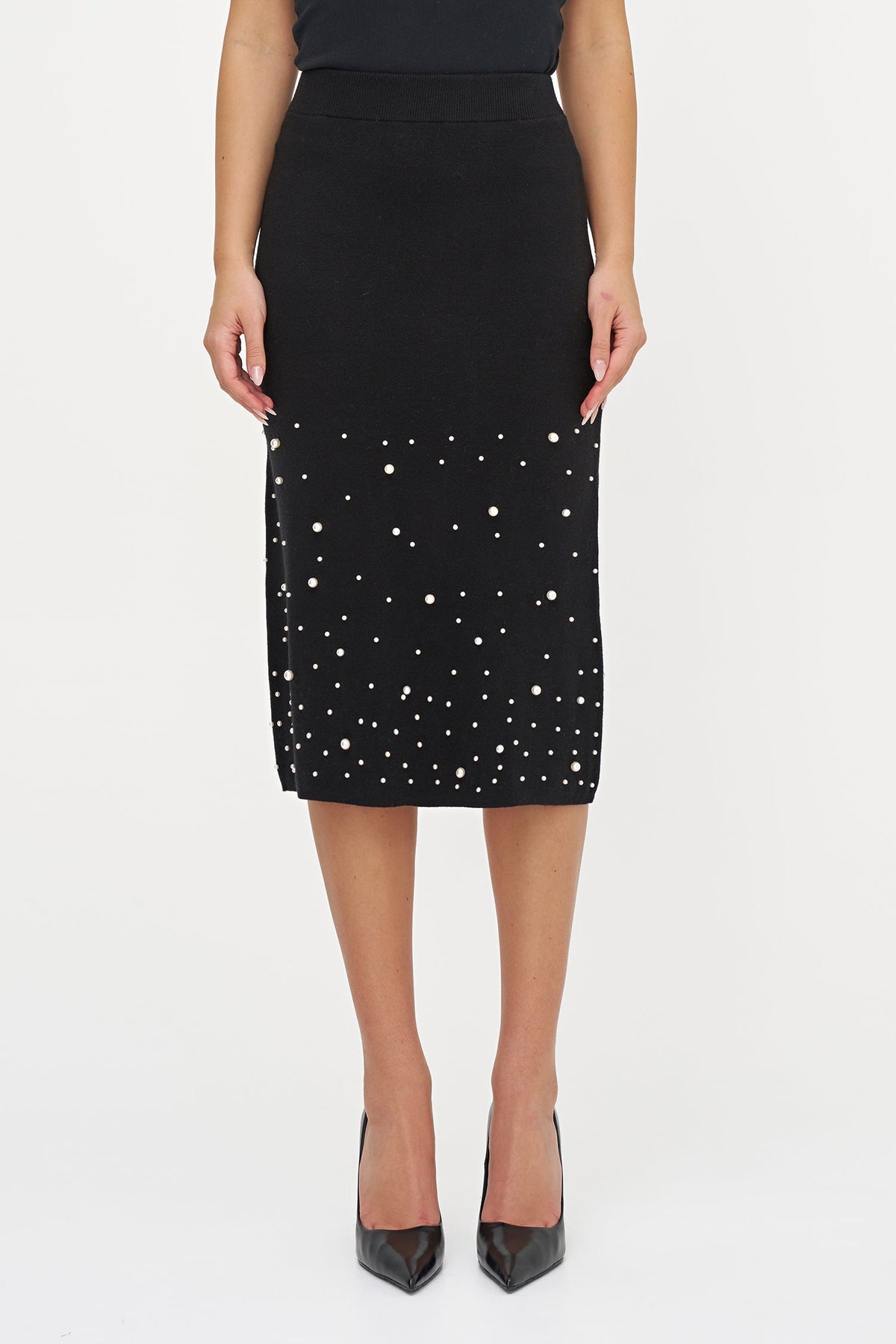 Women's Knit Pull-On Straight Skirt with Pearl Details