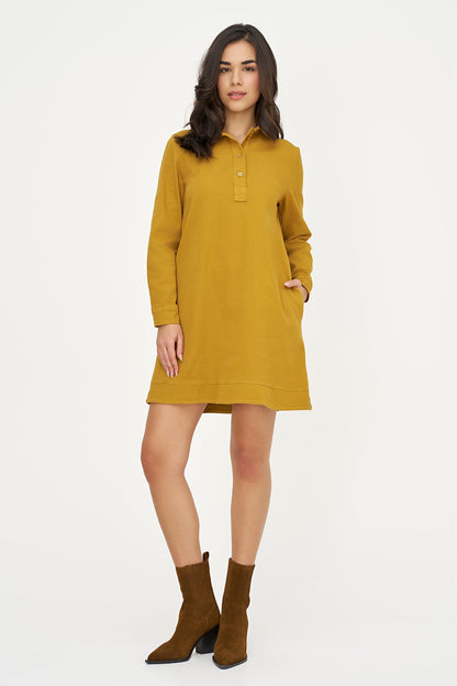 Women's A-Line Dress, Long Sleeves, Partial Button Placket & Pockets