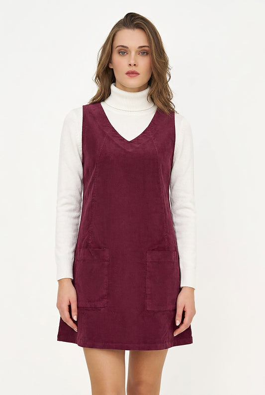Women's Corduroy Sleeveless V-Neck Dress with Patch Pockets