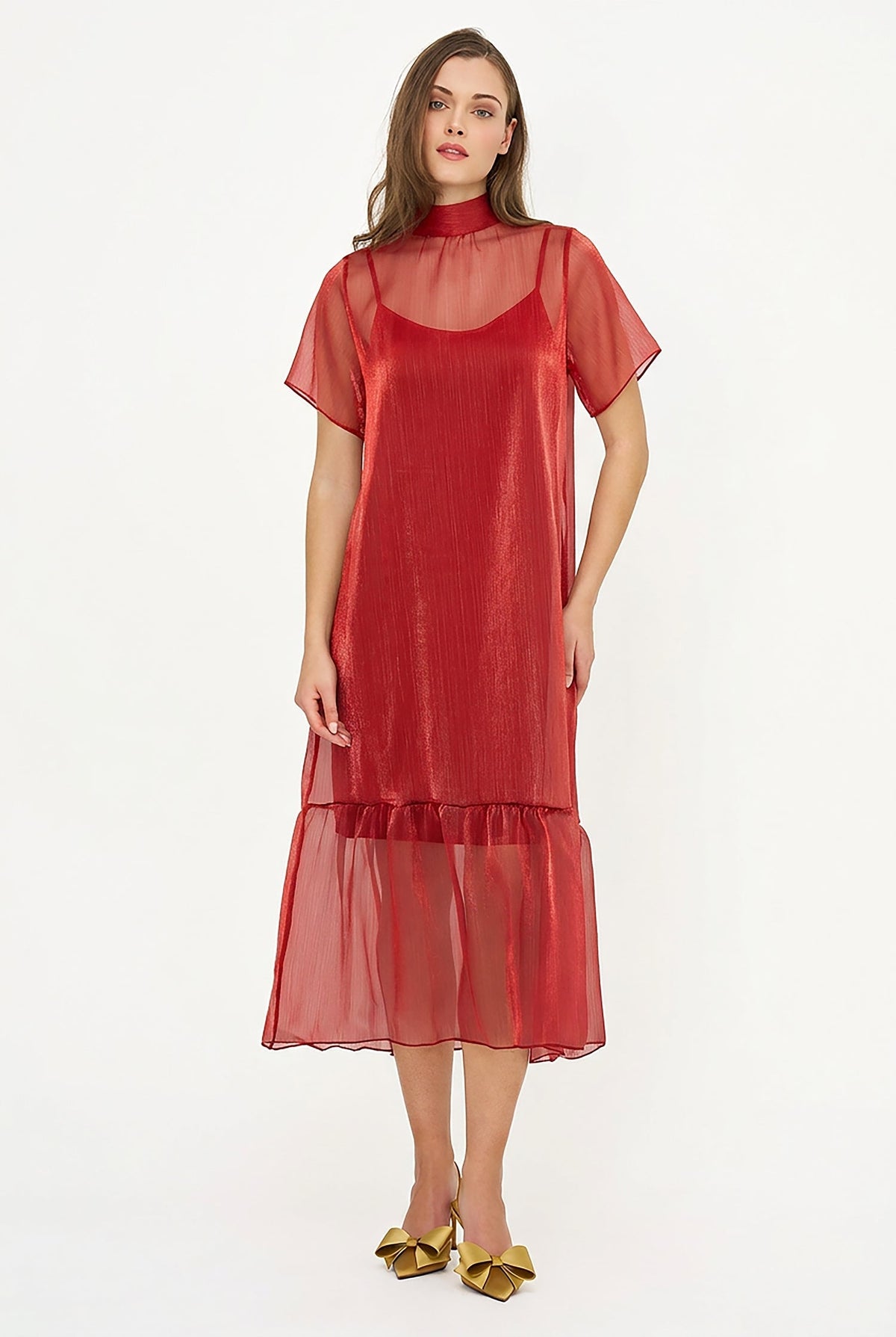 Women's Short-Sleeve Turtleneck Dress, Tie-Back Bow & Ruffle Hem