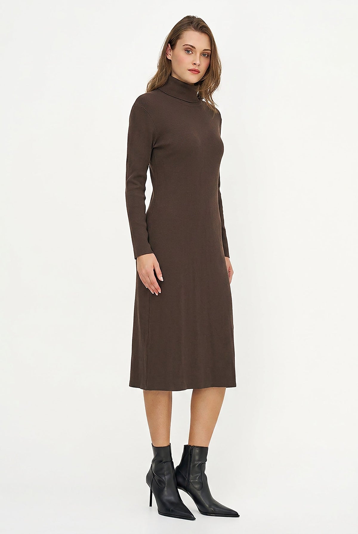 Women's Rib-Knit Turtleneck Dress, Long Sleeves & Back Slit