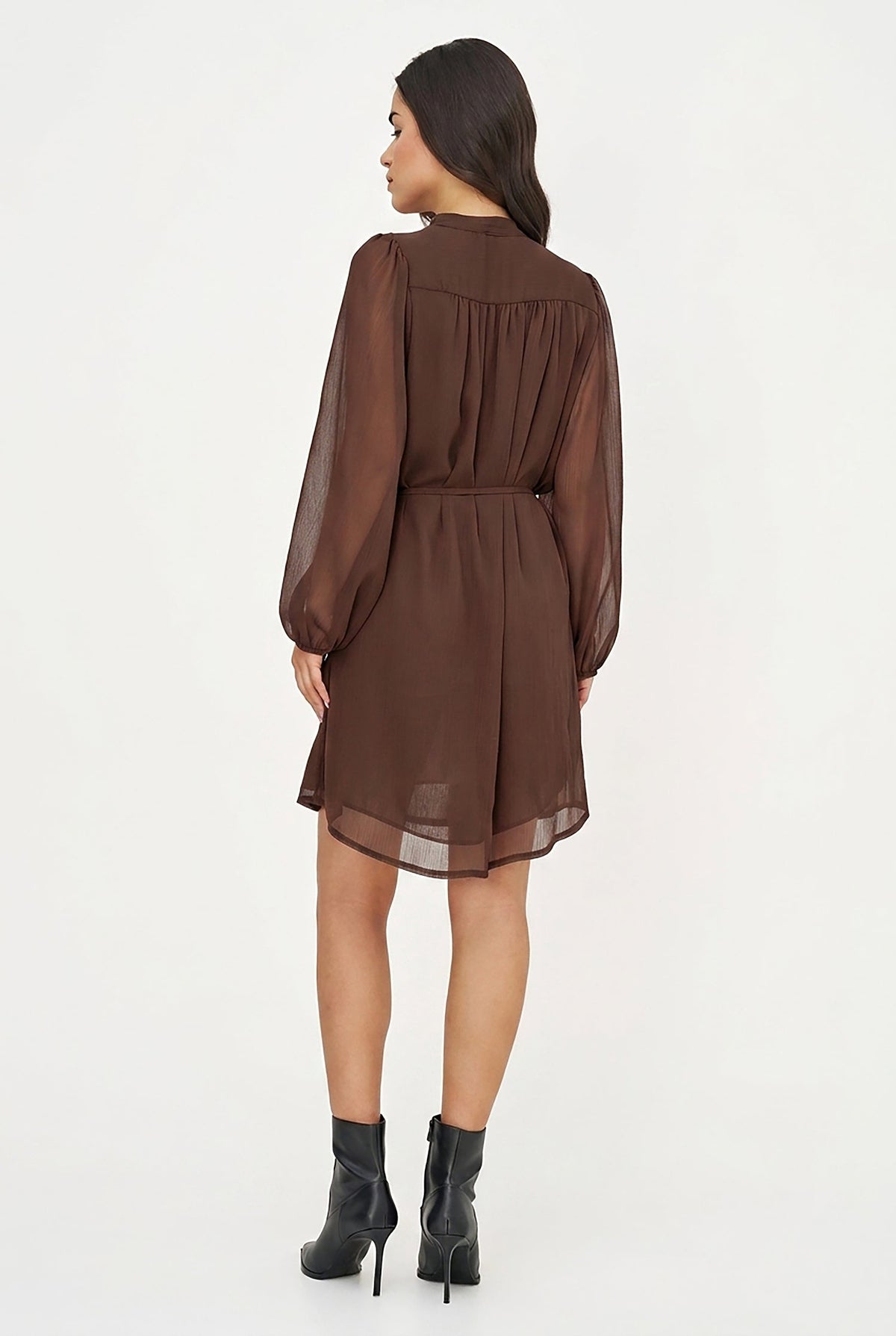 Women's Woven V-Neck Dress, Long Sleeves & Removable String Belt