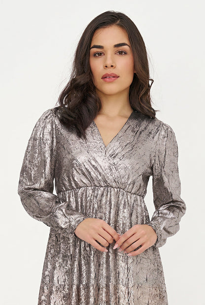Women's Woven Fixed Crossover V-Neck Dress with Long Sleeves