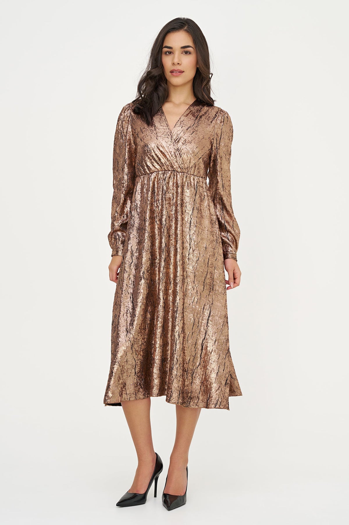 Women's Woven Fixed Crossover V-Neck Dress with Long Sleeves