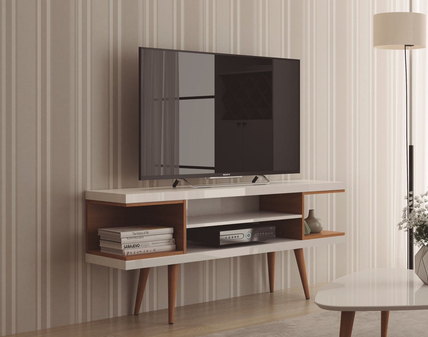 Eureka Modern 53.14" TV Stand with 4 Shelves - White Gloss/Maple Cream