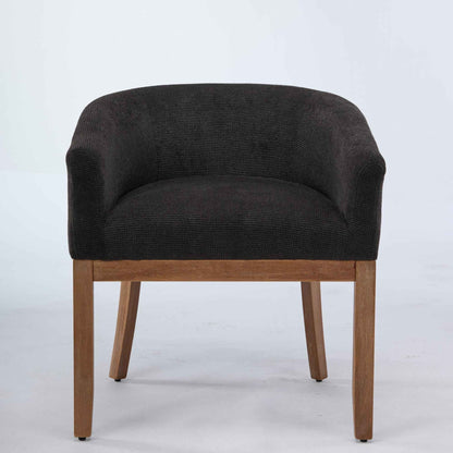 Mid-Century Modern Barrel Dining Chair with Arms – Black Upholstered Linen Accent Chair with Natural Rubberwood Frame (United States Delivery Only)