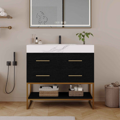 36" Artificial Stone Bathroom Vanity with Ceramic Sink – Soft-Close Drawers & Open Shelves