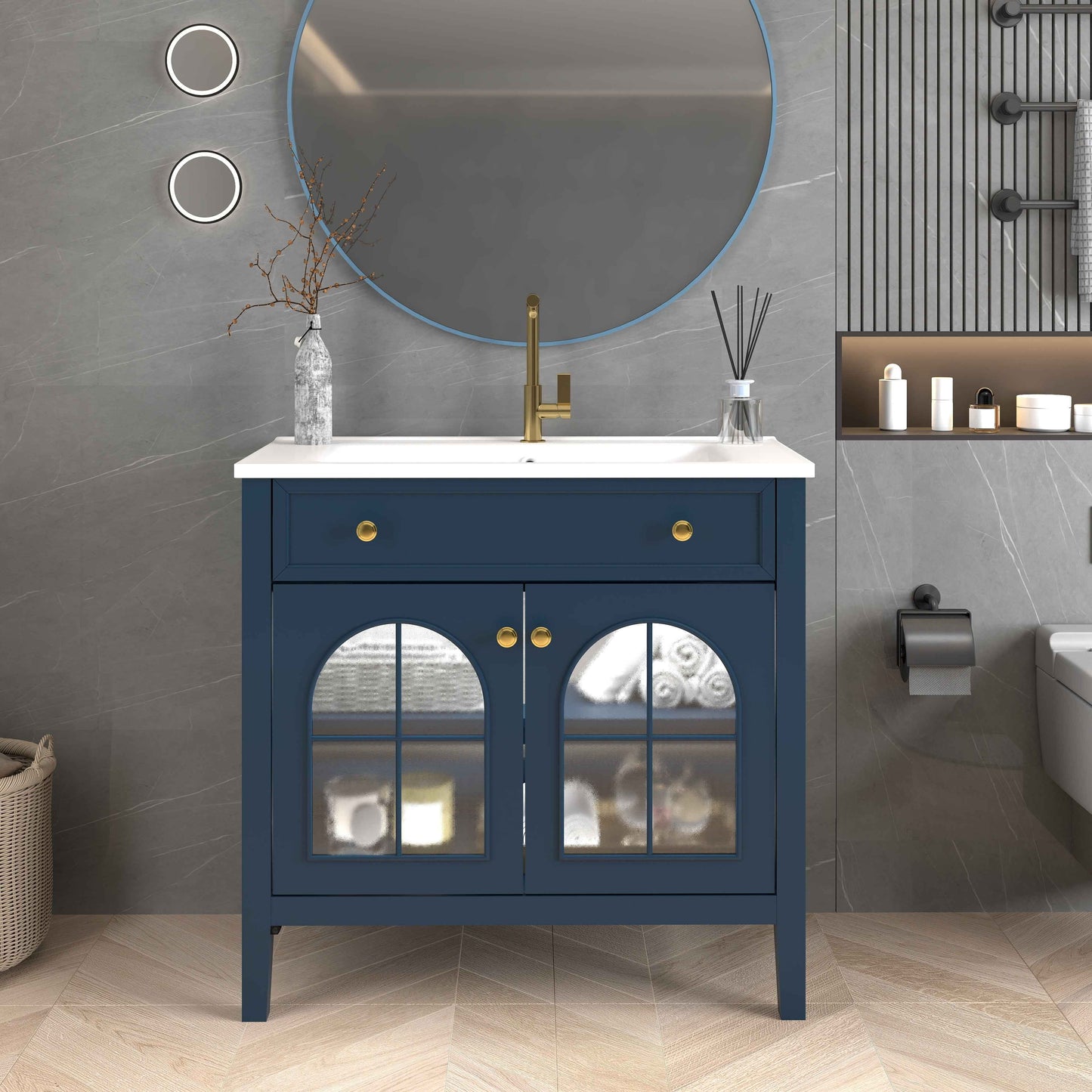 35.6" Mid-Century Bathroom Vanity with Sink – Blue Farmhouse Storage Cabinet
