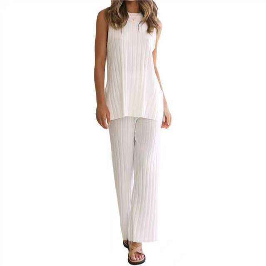 Women’s Ice Silk Knitted Sweater & Wide-Leg Pants Two-Piece Set – Casual Lounge Outfit
