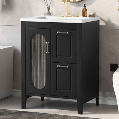 Solid Wood Bathroom Vanity with Ceramic Sink – 24 Inch Black Vanity Cabinet