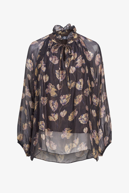 Women's Printed Tie V-Neck Tunic, Ruffled Stand Collar & Long Sleeves