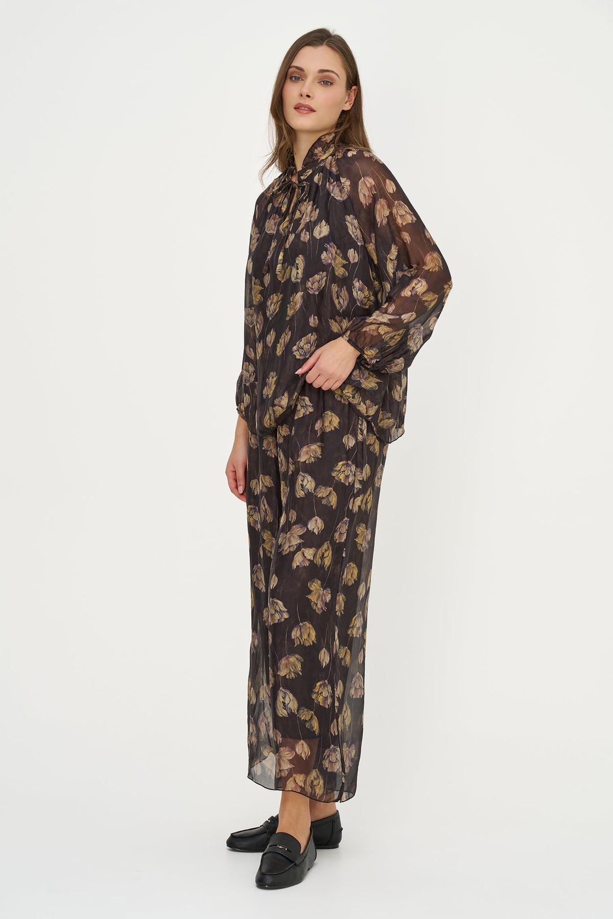 Women's Printed Tie V-Neck Tunic, Ruffled Stand Collar & Long Sleeves