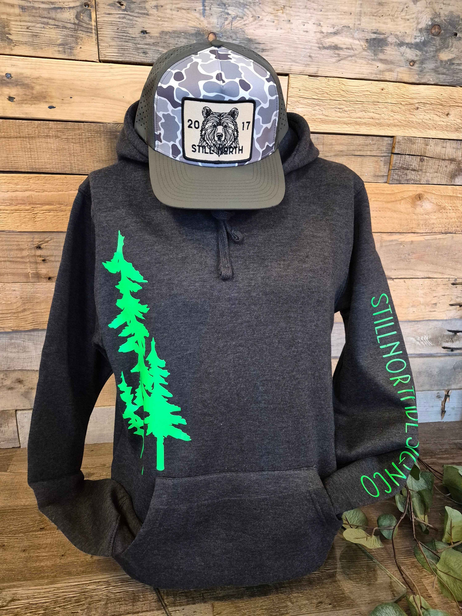 CHARCOAL AND LIME THREE TREE HOODIE
