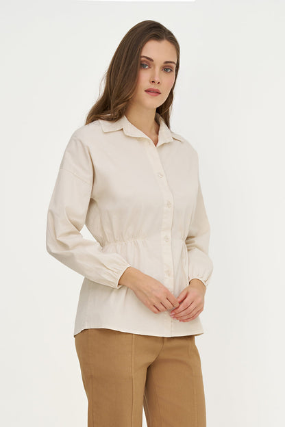 Women's Woven Button-Down Shirt, Long Sleeves & Elastic Waist