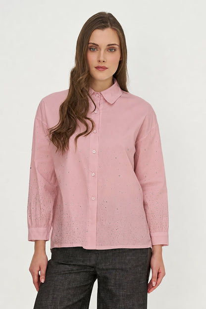 Women's Woven Button-Down Shirt with Long Sleeves & Decorative Studs