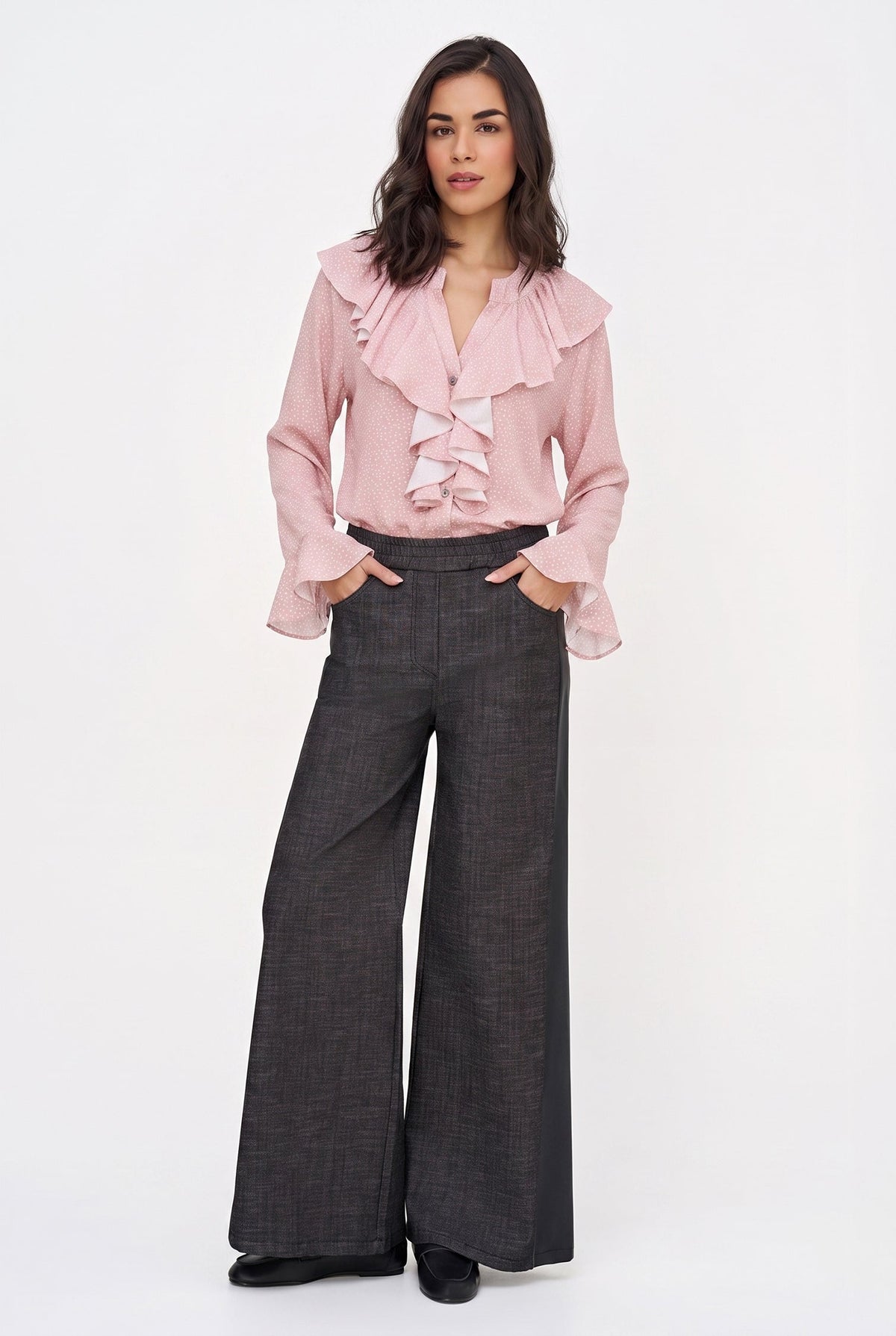 Women's Printed Button-Down Shirt with Ruffled Front, Collar & Cuffs