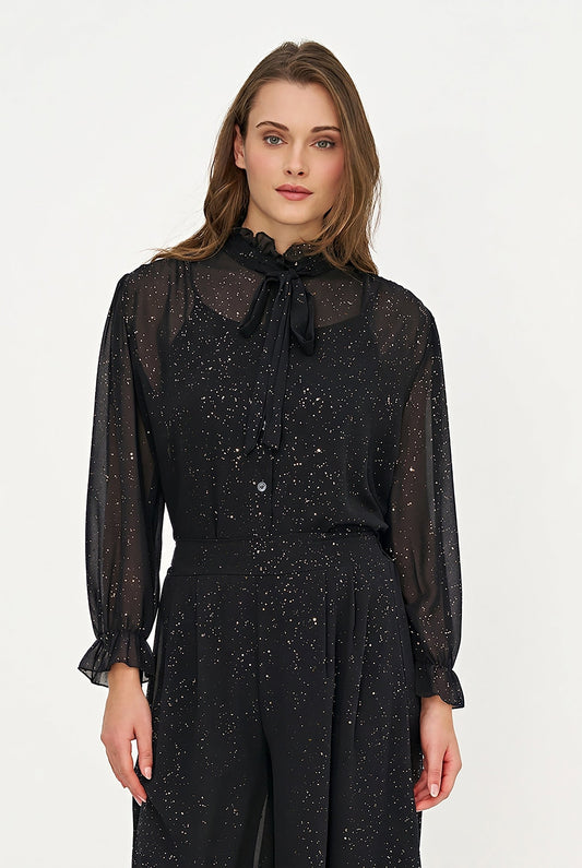 Women's Foil-Print Button-Down Shirt, Tie-Bow Collar & Removable Cami