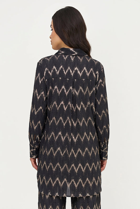 Women's Foil Zigzag-Stripe Button-Down Tunic Shirt with Removable Cami