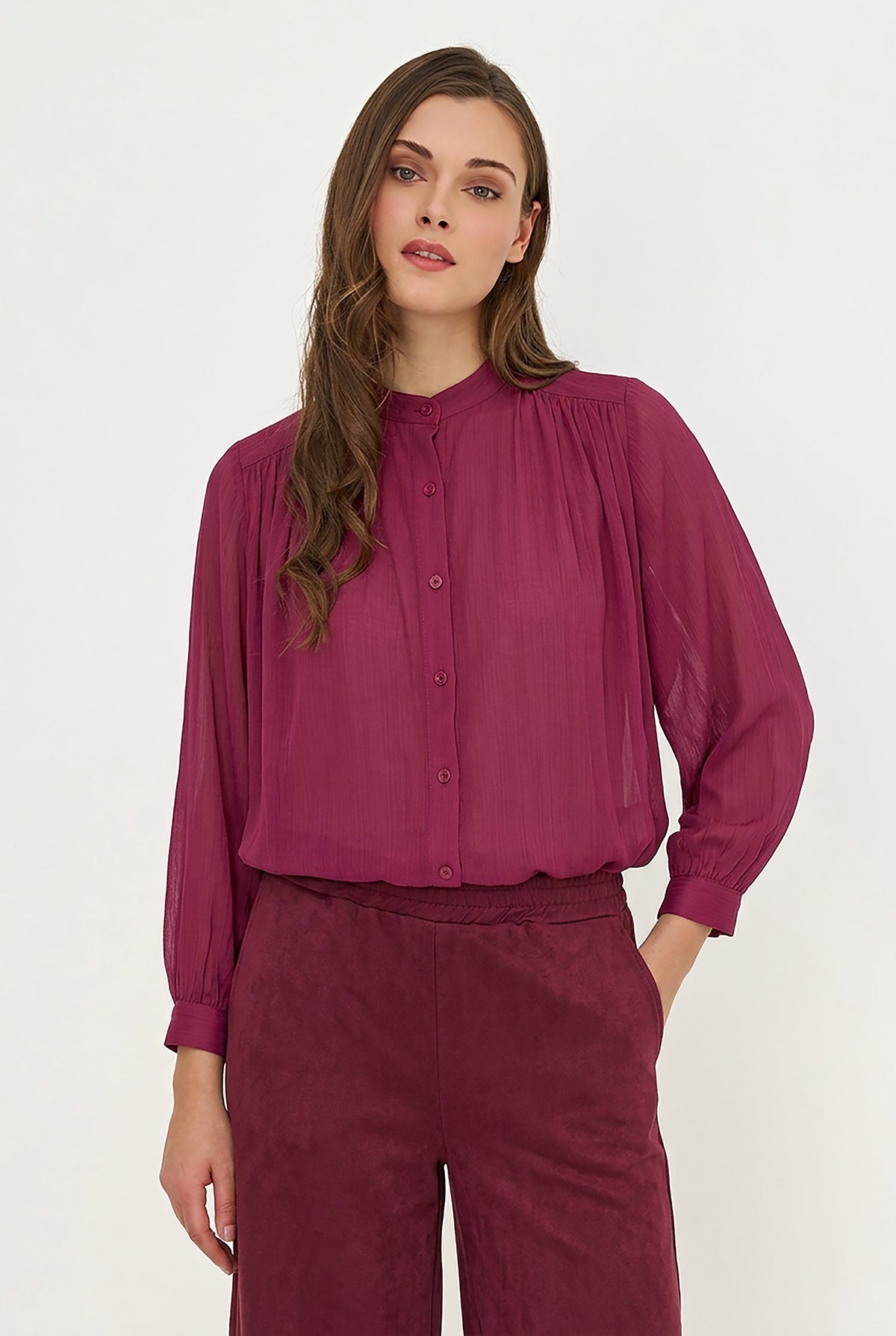 Women's Woven Button-Down Tunic Shirt, Long Sleeves & Stand Collar