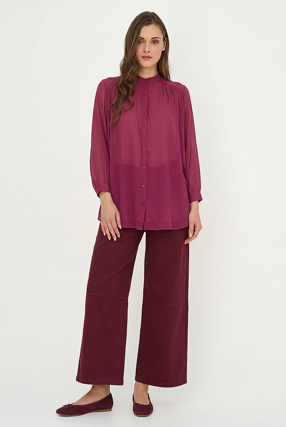 Women's Woven Button-Down Tunic Shirt, Long Sleeves & Stand Collar