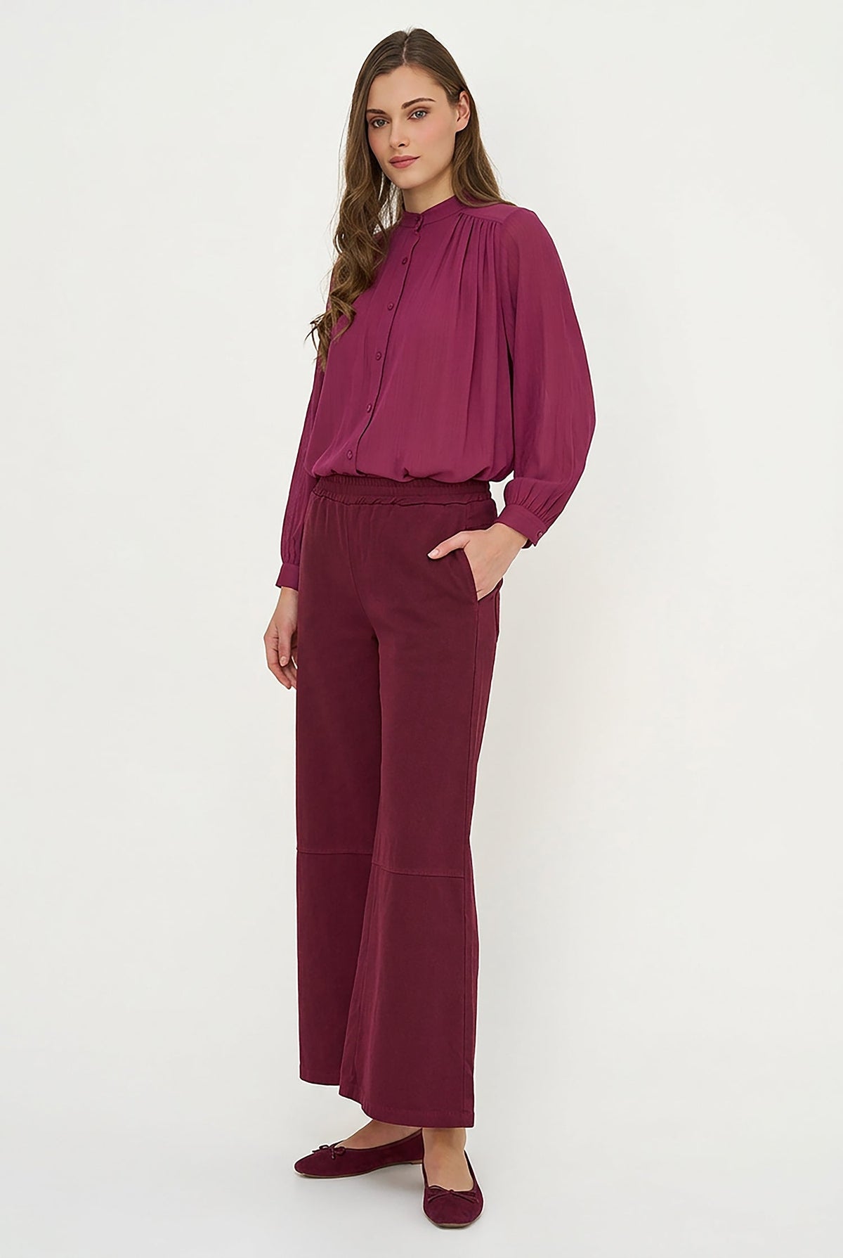 Women's Woven Button-Down Tunic Shirt, Long Sleeves & Stand Collar