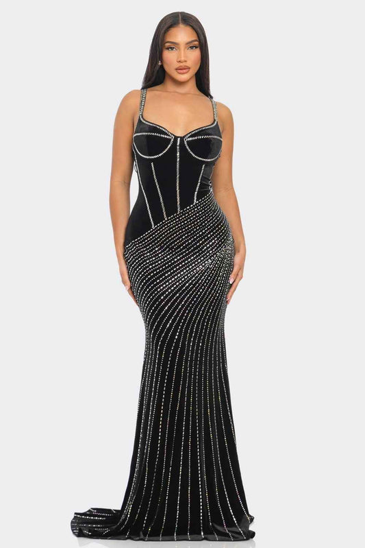 BUSTIER PRINTED RHINESTONE VELVET MAXI DRESS