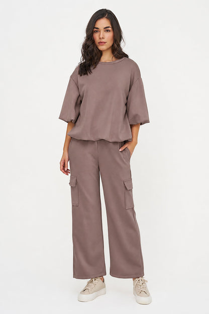 Women's Crew-Neck Sweatshirt, Elbow-Length Bubble Sleeves & Bubble Hem