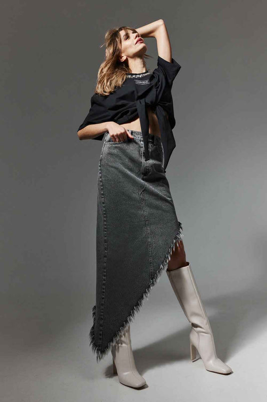 Asymmetric Frayed Denim Skirt