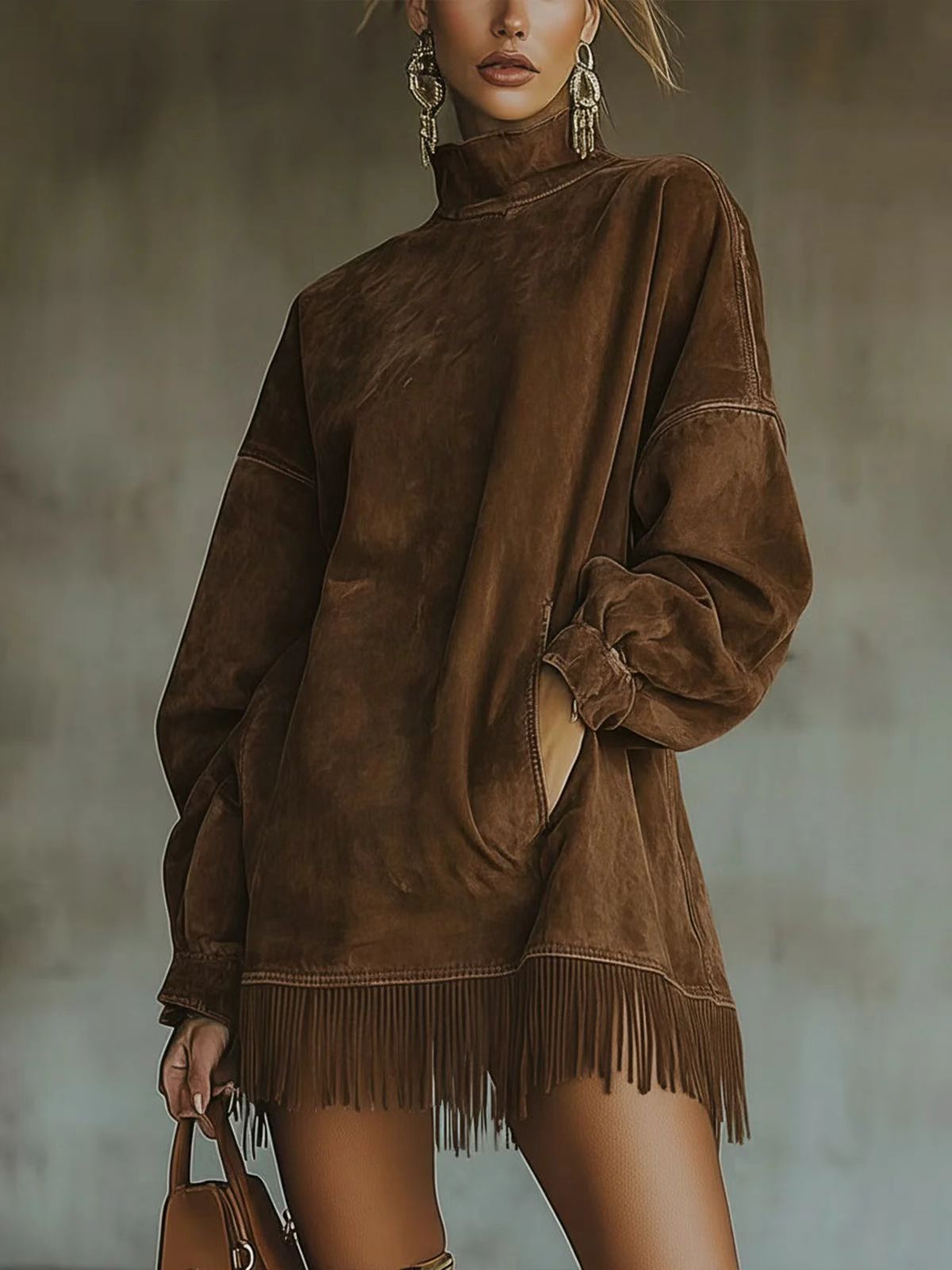 Women's Loose Tassel Suede Dress - Long Sleeve Pocket Dress