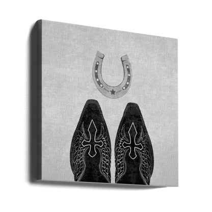 Wall Art Bw Cowboy Boots and Horseshoe