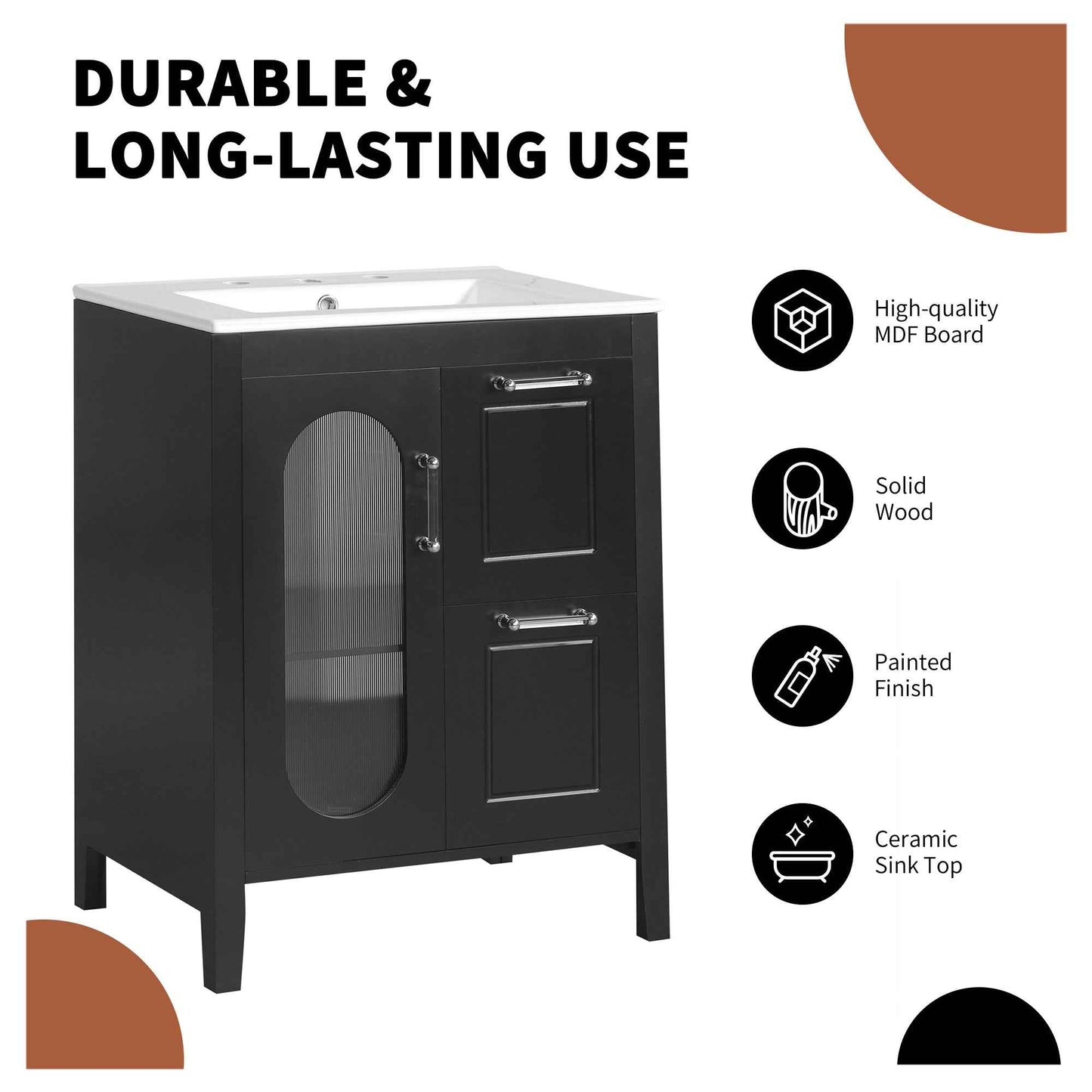 Solid Wood Bathroom Vanity with Ceramic Sink – 24 Inch Black Vanity Cabinet