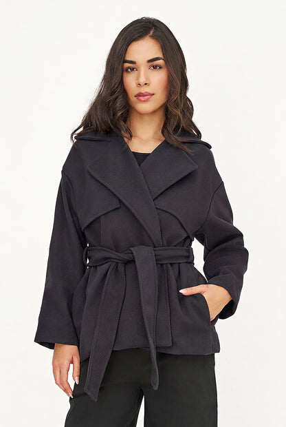 Women's Double-Breasted Coat, Lapel Collar, Flaps & Removable Belt