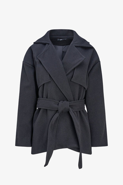 Women's Double-Breasted Coat, Lapel Collar, Flaps & Removable Belt