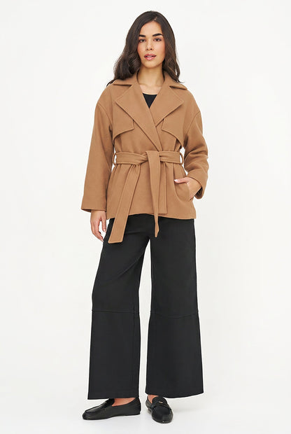 Women's Double-Breasted Coat, Lapel Collar, Flaps & Removable Belt