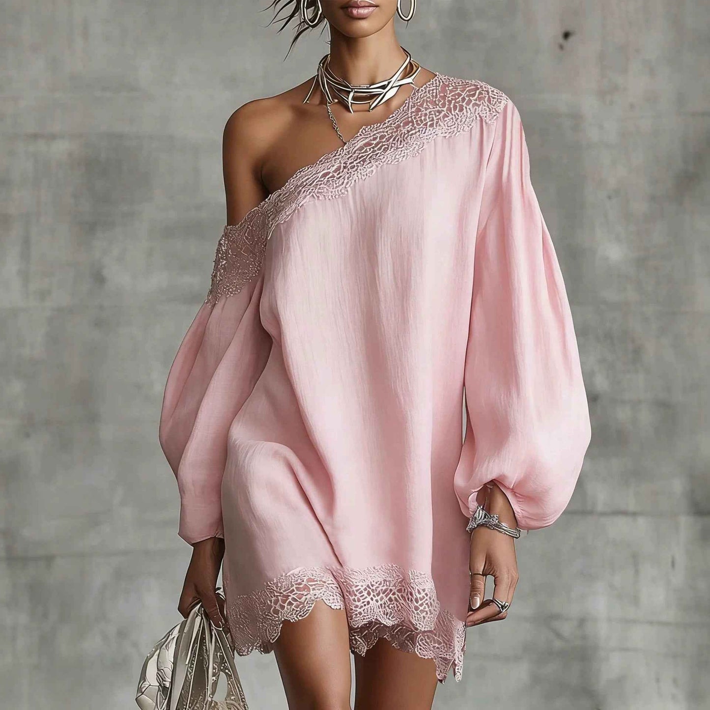 Solid-color Lace-trimmed Casual Off-shoulder Long-sleeve Top