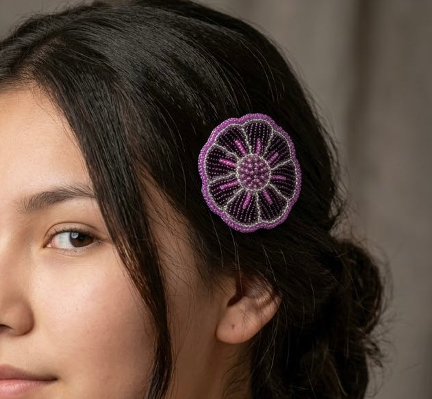 Purple Beaded Flower Barrette