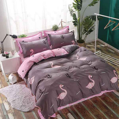 Pink Flamingo 4-Piece Bedding Set – Tropical Floral Polyester Quilt Cover, Sheet & Pillowcases