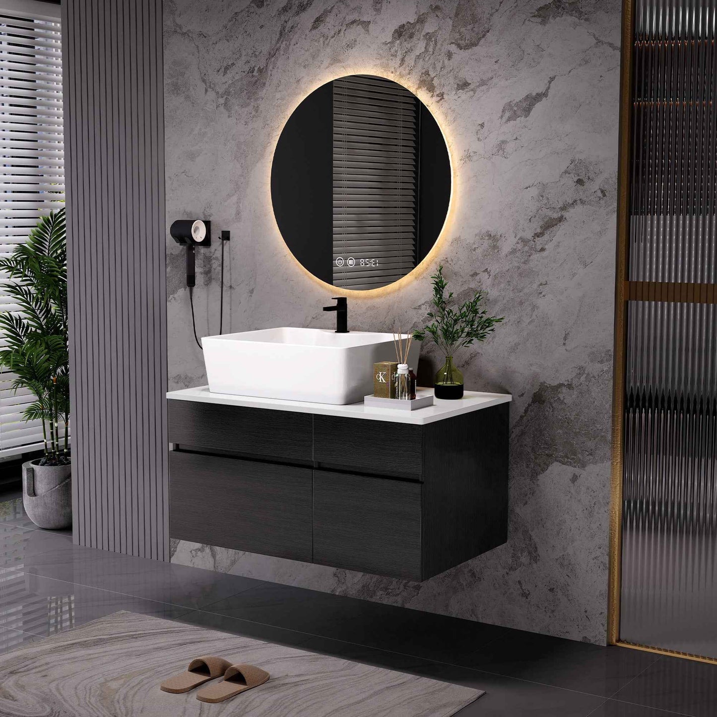 31.5" Floating Bathroom Vanity with Ceramic Vessel Sink – Modern Wall Mounted Single Vanity