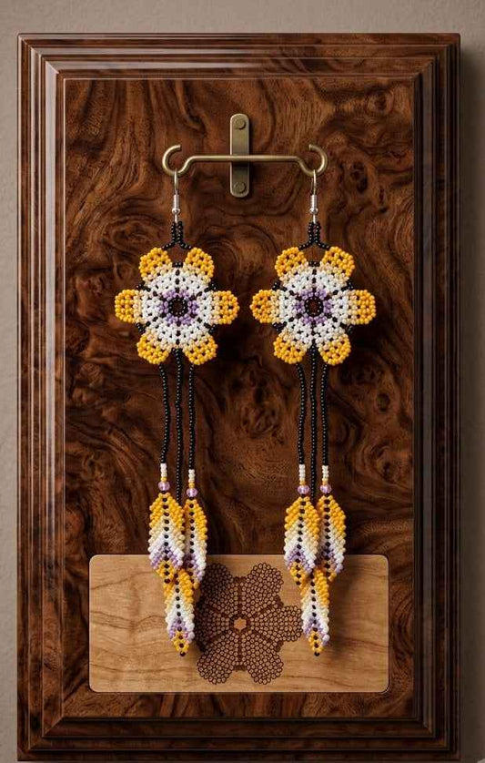 Sun Feather Bloom Beaded Earrings-yellow/black