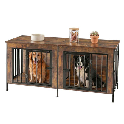 Extra Large Double Dog Crate Furniture with Divider – Heavy Duty Wooden Pet Kennel TV Stand & End Table