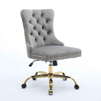 Gray Velvet Tufted Office Chair – Modern Upholstered Swivel Desk Chair with Gold Metal Base (Deliver to United States Only)