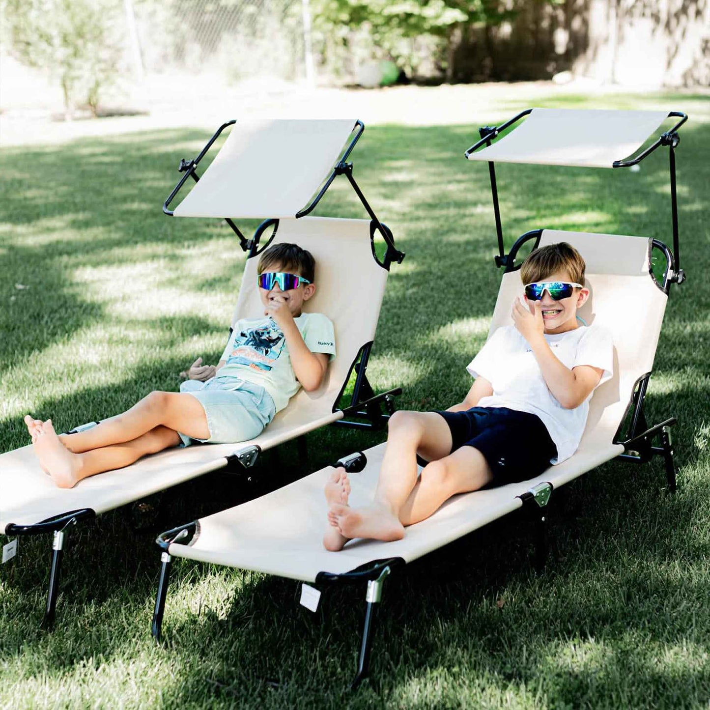 Chaise Lounge Pool Chairs Set of 2 – Folding Outdoor Sun Loungers with 5-Position Reclining Backrest & Adjustable Sunshade, Tan (Deliver to United States Only)