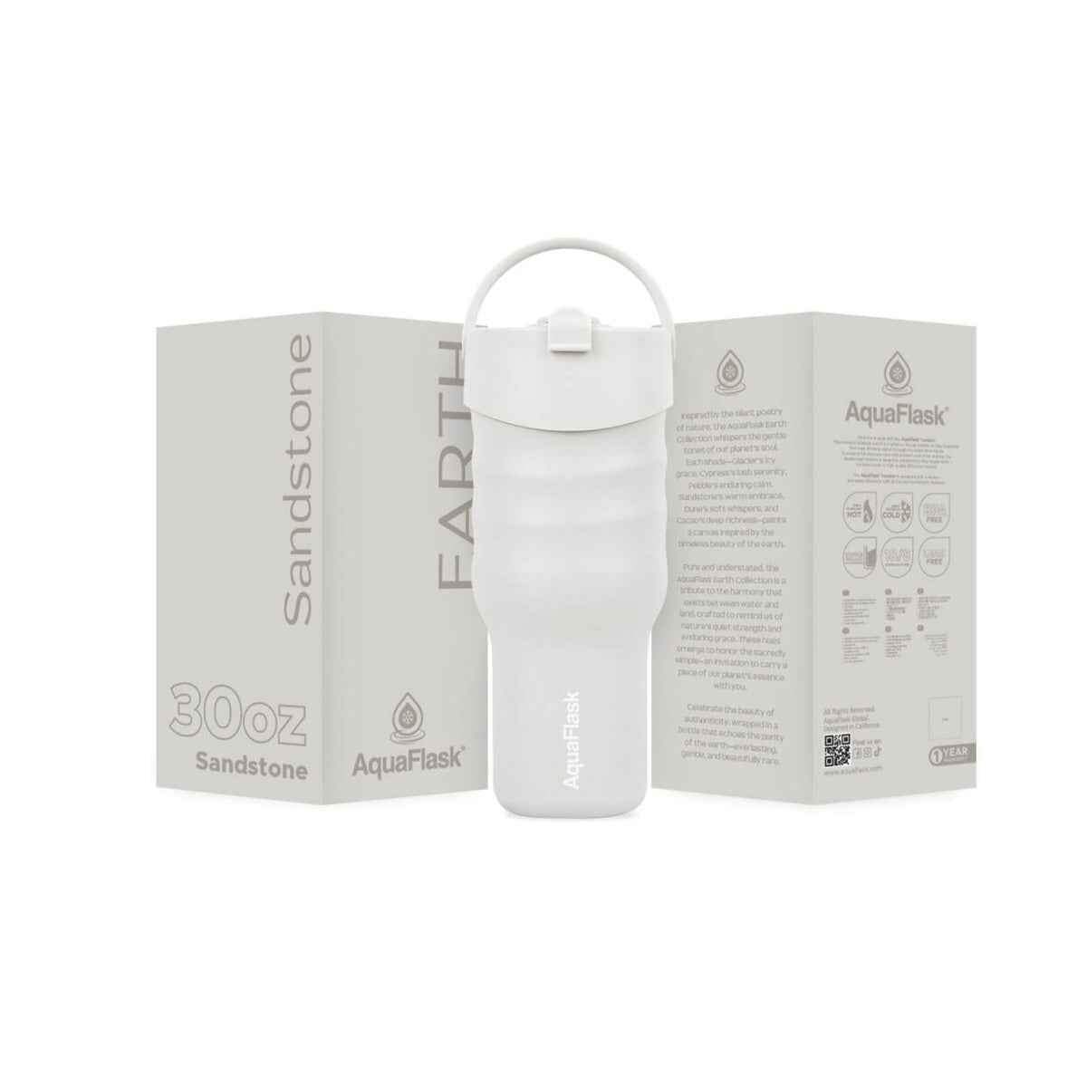 AquaFlask Earth Collection 30oz Insulated Stainless Steel Tumbler with Handle – Hot 12H / Cold 24H, Leak-Proof & Durable