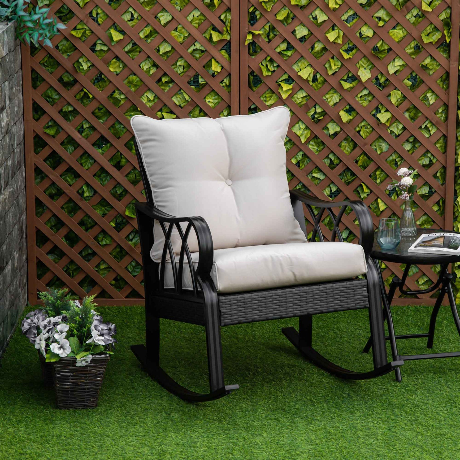 Khaki Outdoor Wicker Rocking Chair – Rattan Porch Rocker with Cushions & Aluminum Frame