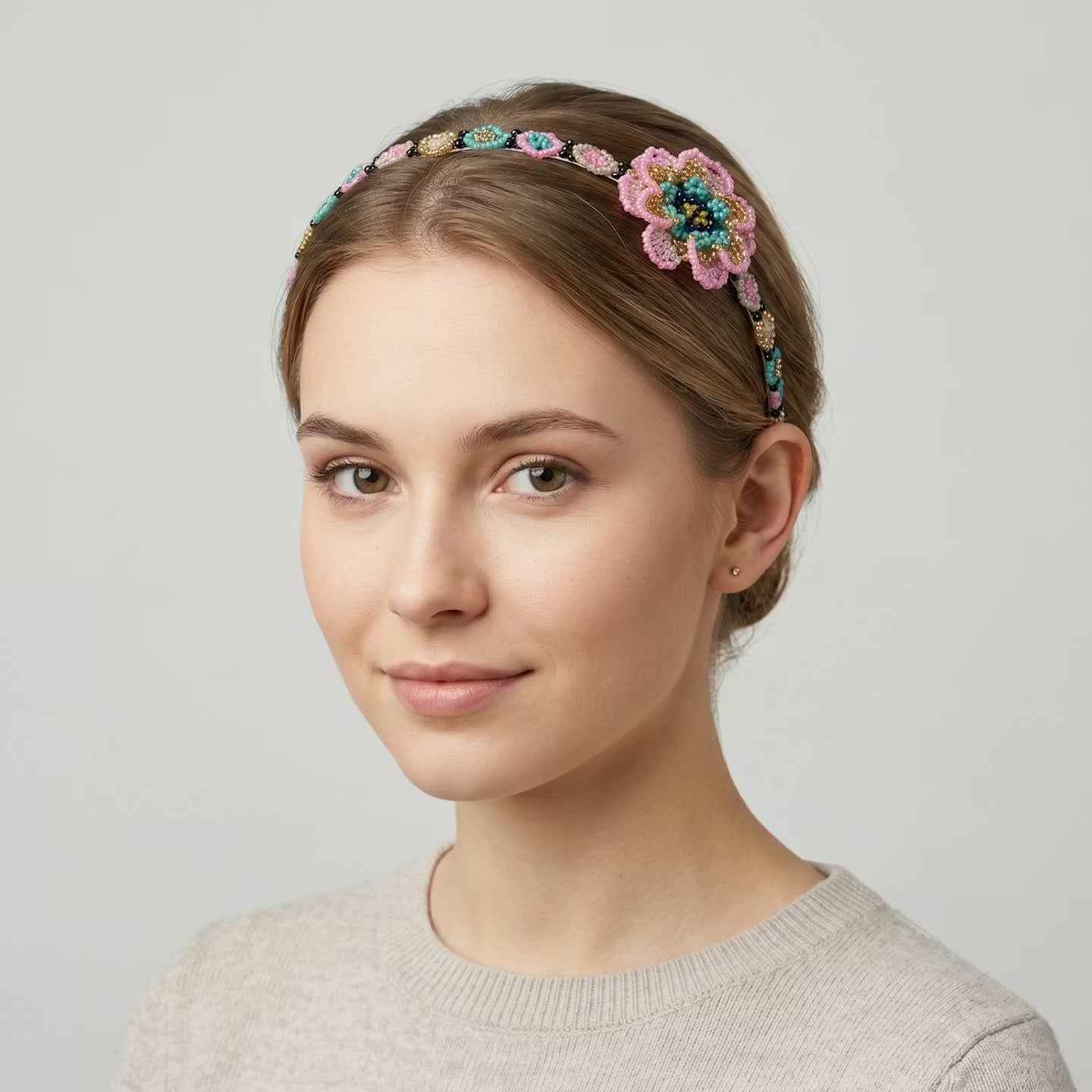 Beaded Headband with Flower Pink